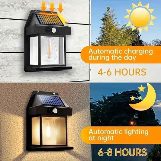 Solar Outdoor Lamp with Tungsten Filament, Waterproof Smart Induction Lantern, Wireless Dusk-to-Dawn Wall Light, Motion Sensor Porch Light for Gardens, Courtyards, and Villas, Sun-Powered Motion Detection Light.