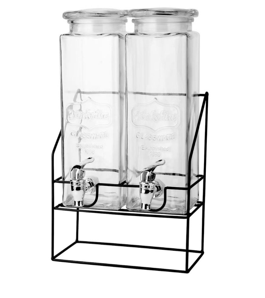 Elegant Glass Drink Dispenser Set – Twin Jars with Sturdy Metal Stand