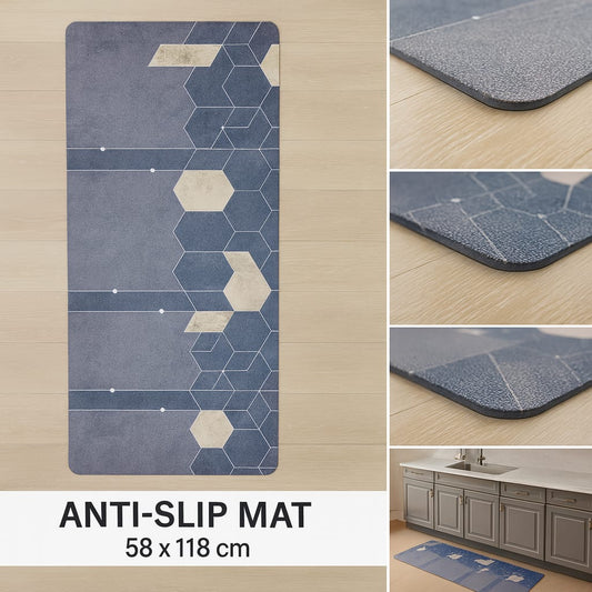 Anti-Slip Rubber Mat – Blue Hexagon Print Floor Rug (58 x 118 cm)