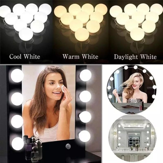 Clarify.pk 10 bulb vanity light set showing cool white warm white and daylight white lighting options around mirrors