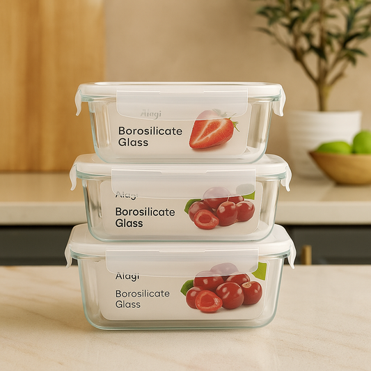 Airtight Borosilicate Glass Bowl Set – 3pcs with Lids (400ml, 630ml, 1000ml)