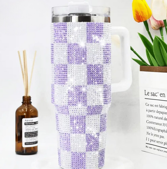 1200ml Rhinestone Tumbler with purple and white checkered crystal design and white handle