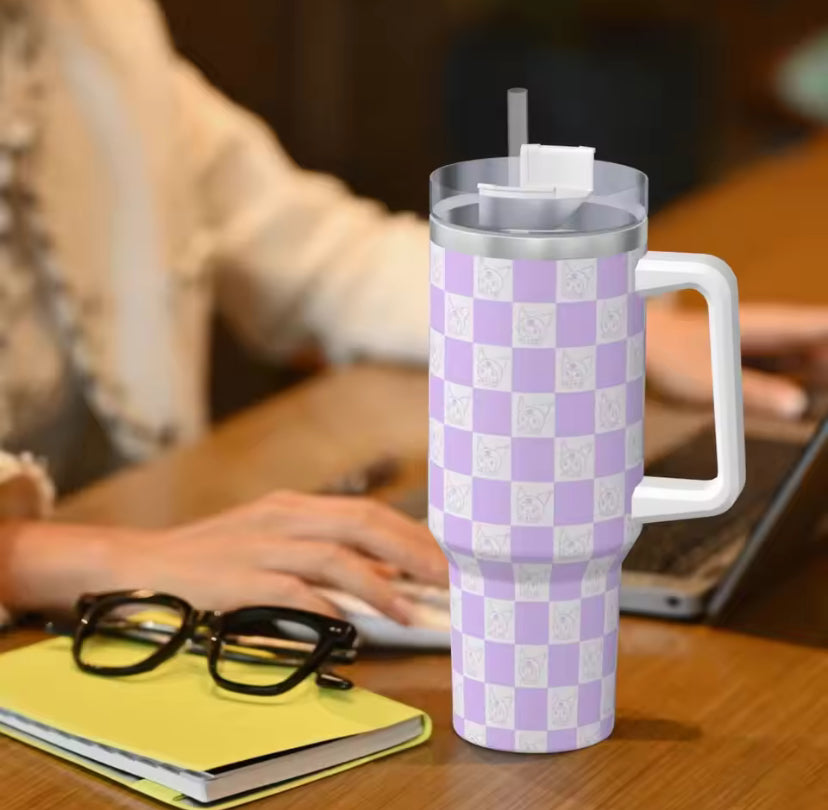 1200ml Rhinestone Tumbler with purple and white checkered design and white handle on wooden desk