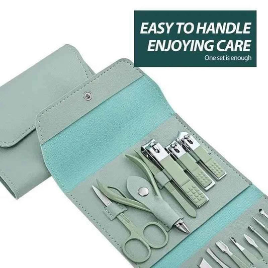 Clarify.pk 16-piece manicure pedicure set in a compact green case with nail clippers and scissors