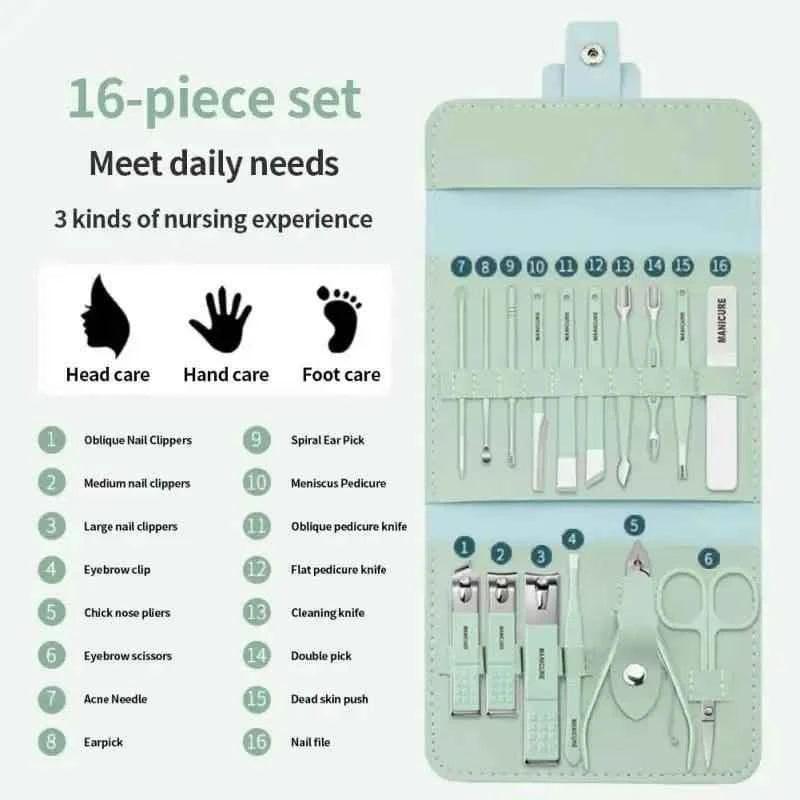 16-piece manicure pedicure set in a green case with nail clippers, scissors, files, and multiple grooming tools