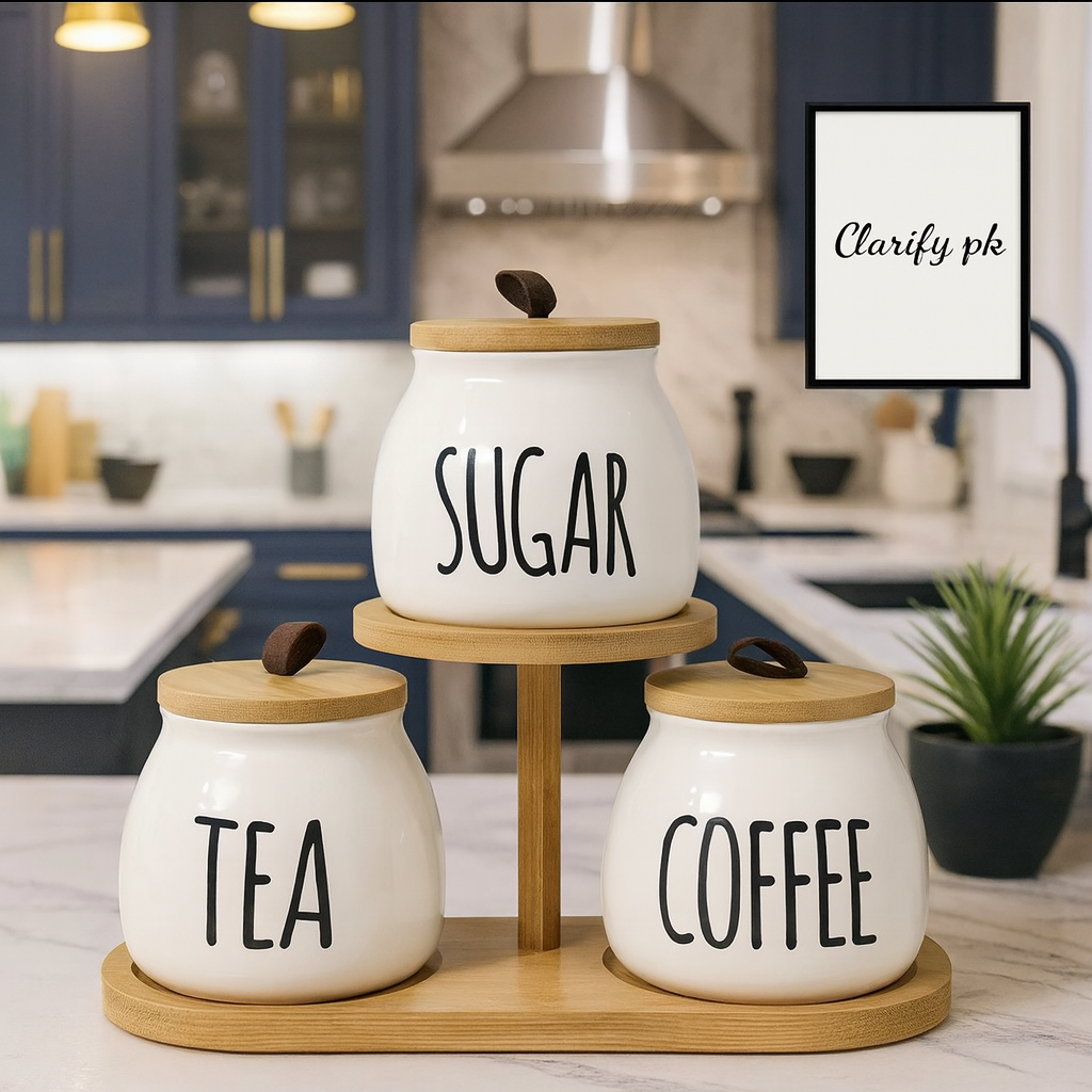 Ceramic Tea Coffee Sugar Jar Set – 3 Pcs with Bamboo Lid & Wooden Rack