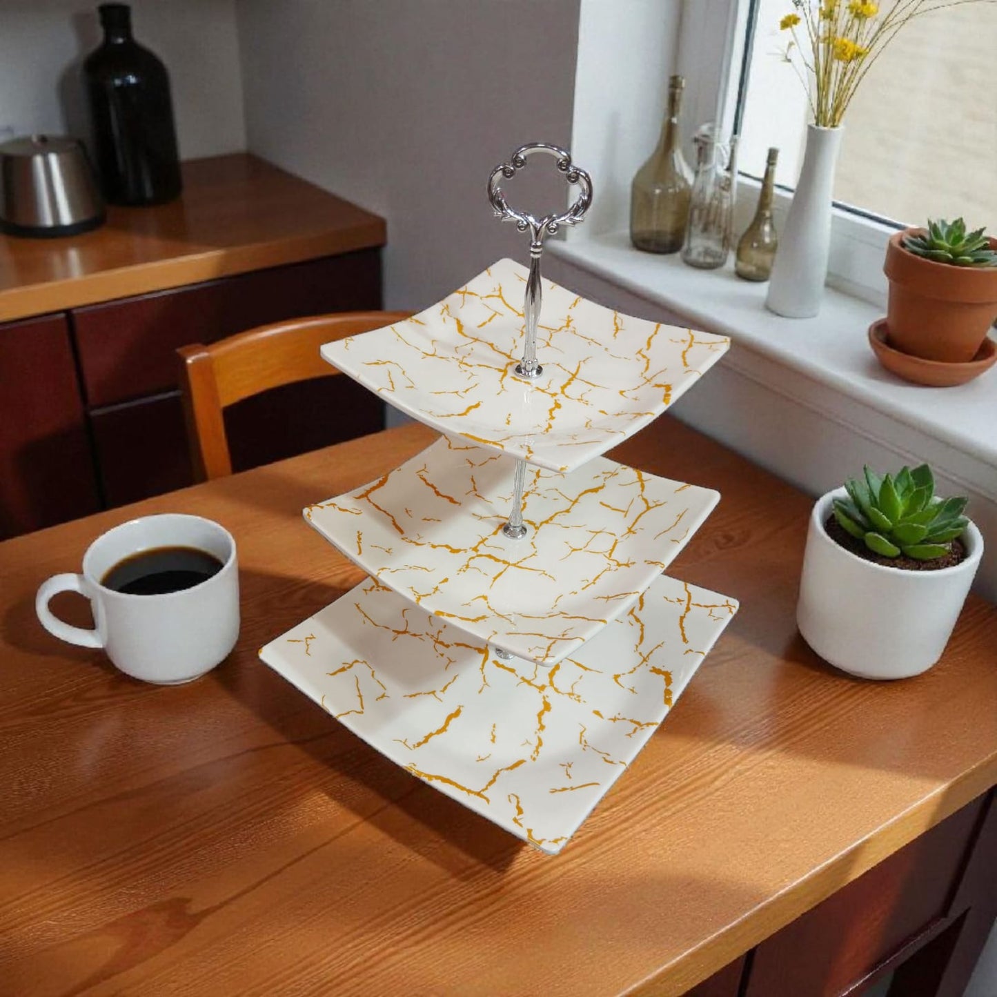 Luxury Melamine Cupcake Stand - 3-Tier Golden Marble Dessert Tray