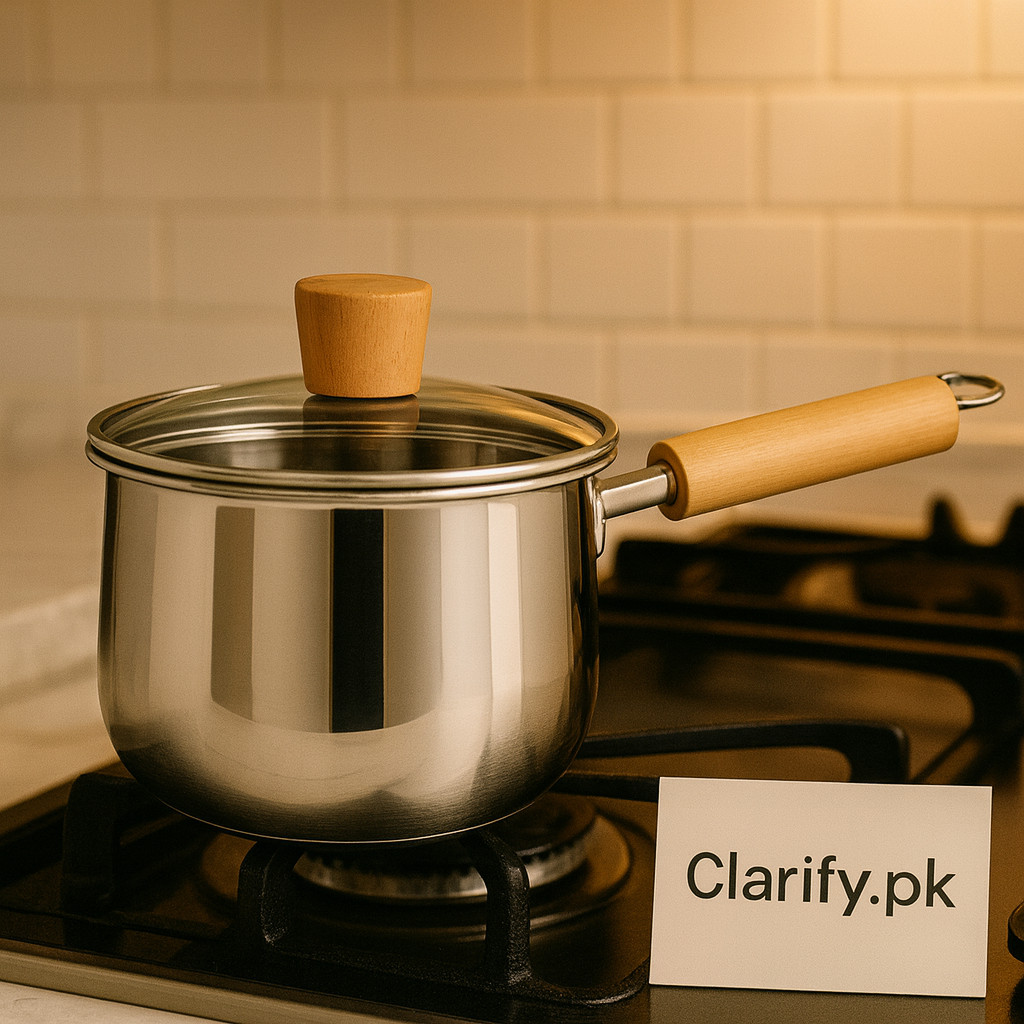 Stainless Steel Saucepan – 18cm Cook Pot with Wooden Handle & Glass Lid