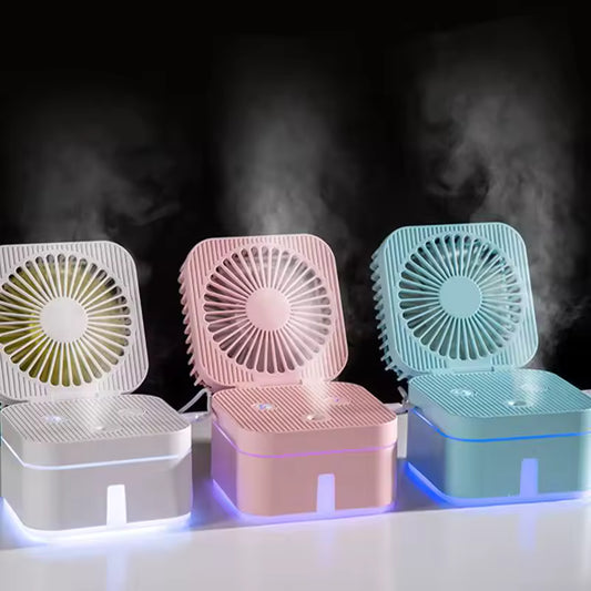 Clarify.pk 2-in-1 humidifier cooling fan in white pink and blue with LED light and mist function