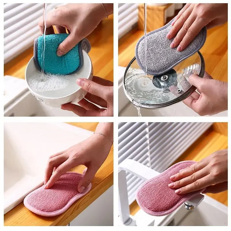 2 pieces double sided kitchen cleaning sponges in blue gray and pink used for washing dishes and cleaning surfaces