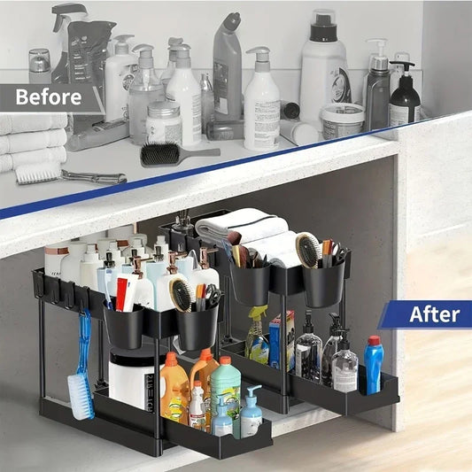 2 tier kitchen organizer by Clarify.pk showing before and after countertop clutter with organized cleaning supplies and toiletries