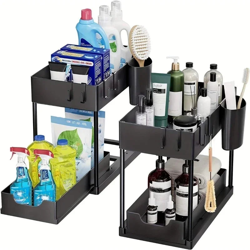 Clarify.pk black metal 2 tier kitchen organizer holding cleaning supplies and toiletries