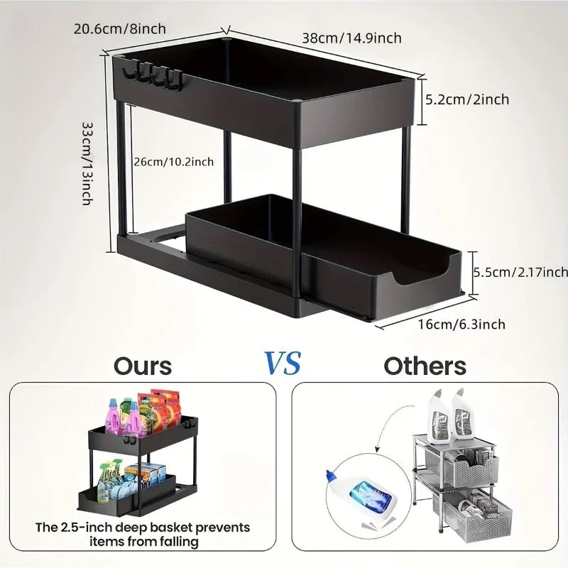 Black 2 tier kitchen organizer with dimensions and deep basket to prevent items from falling by Clarify.pk