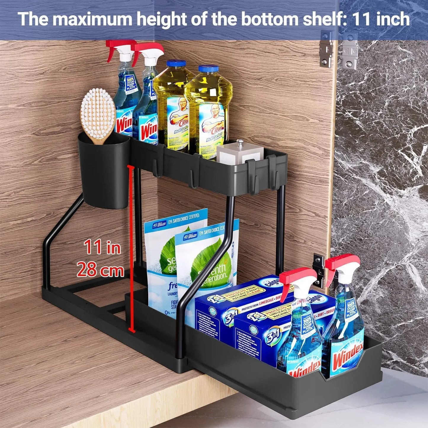 Black 2 tier kitchen organizer with detachable cup holding cleaning tools and bottles inside kitchen cabinet