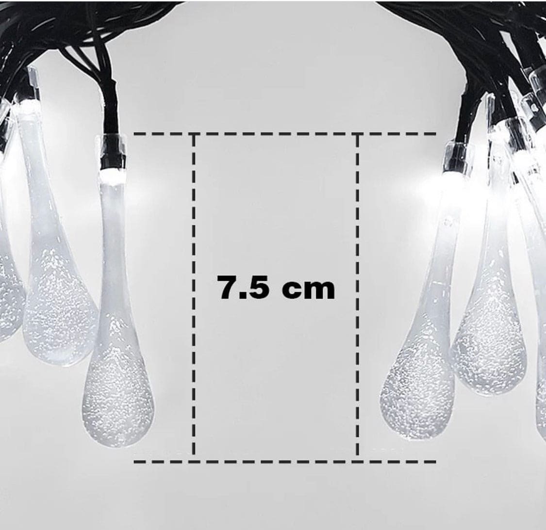 20 bulb decorative fairy lights for home with elongated transparent droplets measuring 7.5 cm
