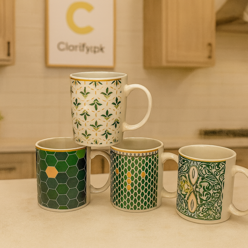 Elegant Printed Ceramic Mug – Premium Green & White Patterns (Each) (Random Color)