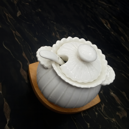 Ceramic Sugar Pot with Spoon & Wooden Base – Spice Jar