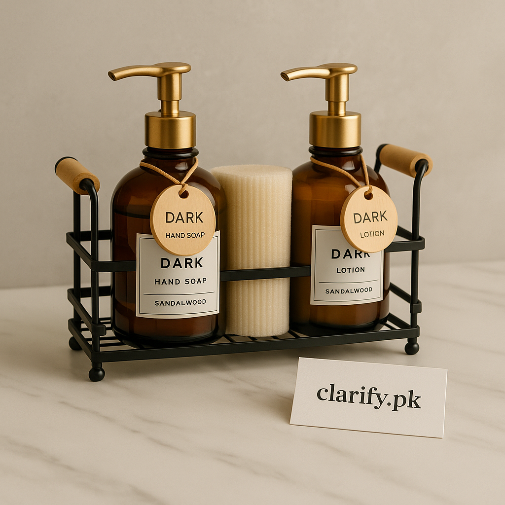 Amber Soap & Lotion Dispenser Set with Gold Caddy – Elegant Refillable Organizer