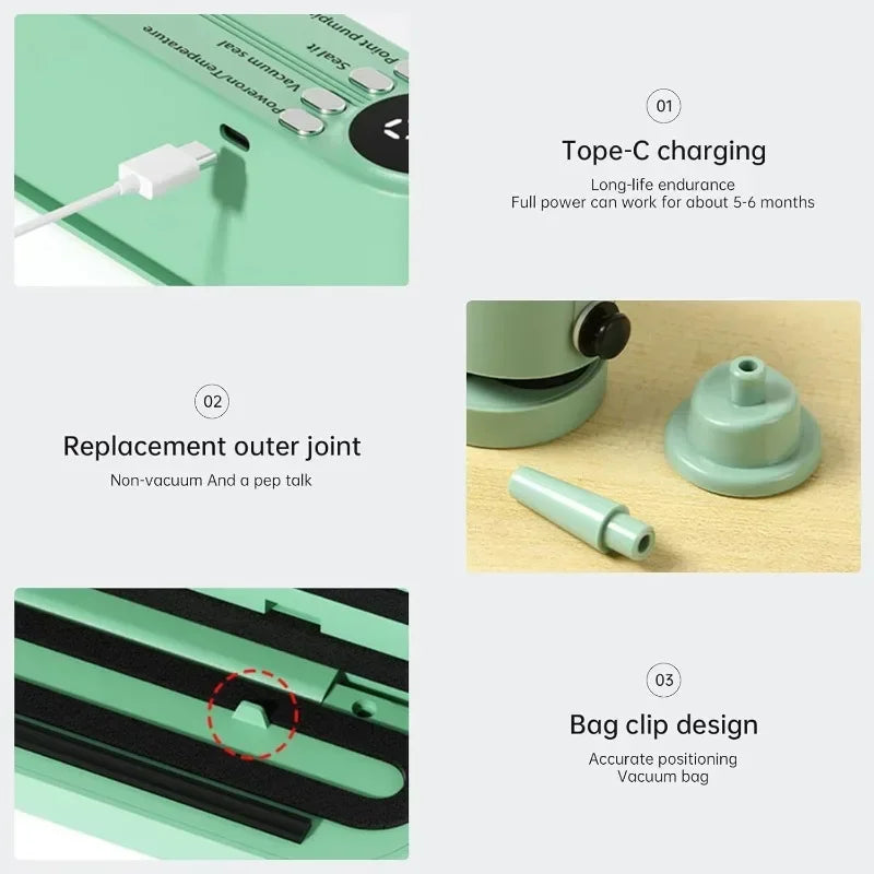 3-in-1 electric vacuum Sealing machine with Type-C charging replacement outer joint and bag clip design