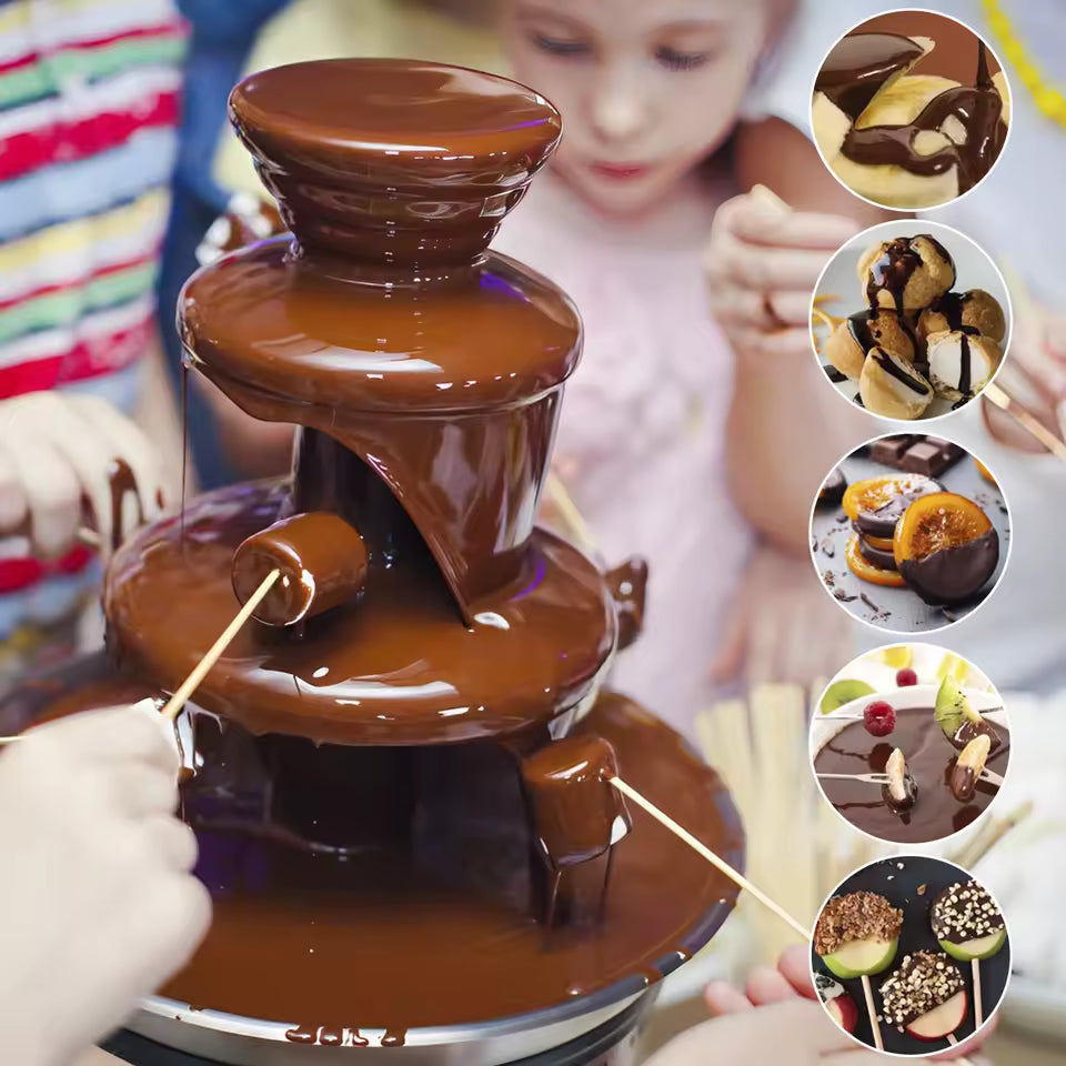 3 tier chocolate fountain for parties with flowing chocolate and kids dipping marshmallows and fruits