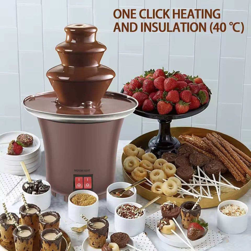 Clarify.pk 3 tier chocolate fountain for parties with one click heating and insulation surrounded by strawberries and desserts