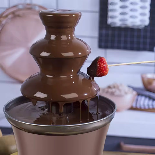 3 tier chocolate fountain for parties with flowing melted chocolate and a strawberry being dipped