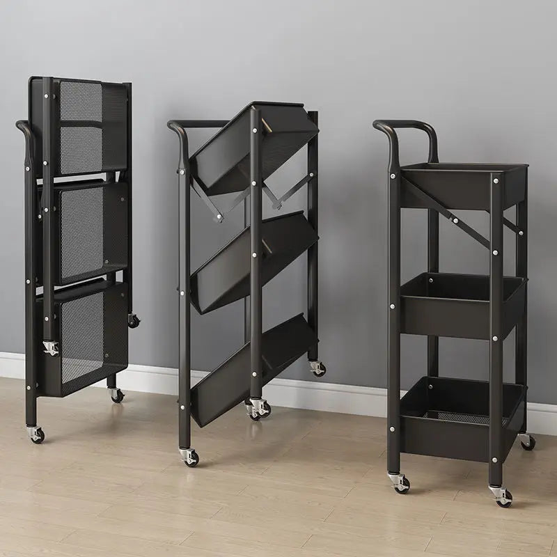 Clarify.pk 3 tier folding metal cart with wheels shown folded, half-folded, and fully open black storage rack