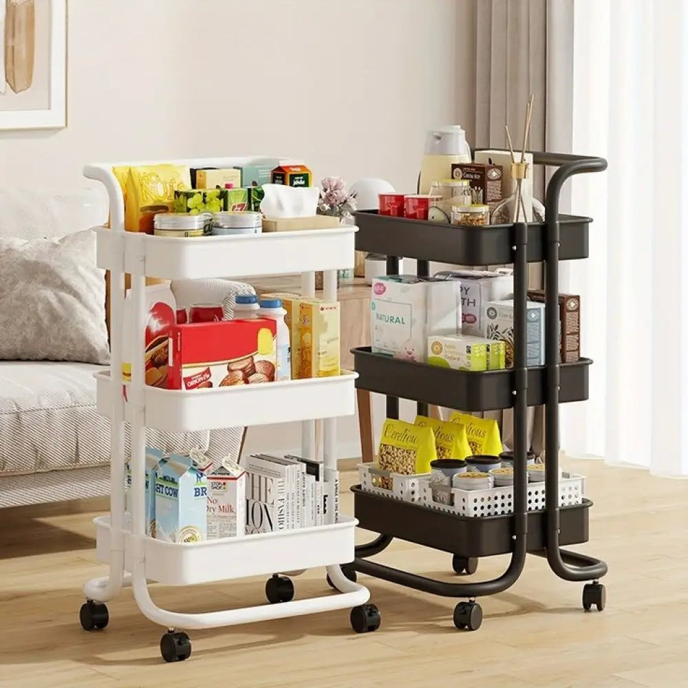 Clarify.pk 3 tier folding metal cart with wheels in black and white for kitchen or storage organization