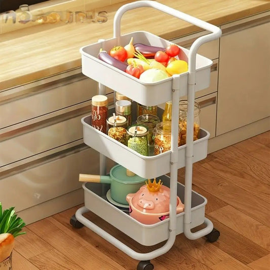 Clarify.pk 3 tier folding metal cart with wheels holding vegetables jars and kitchenware in a modern kitchen