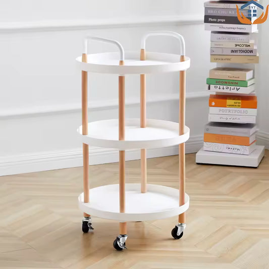 Clarify pk white and wood 3 tier rotating cart with wheels for home furniture storage