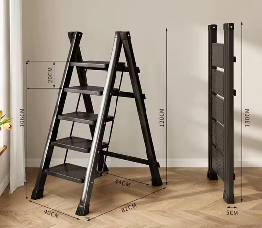Black 300lbs foldable steel ladder with four steps and dimensions shown in a modern room