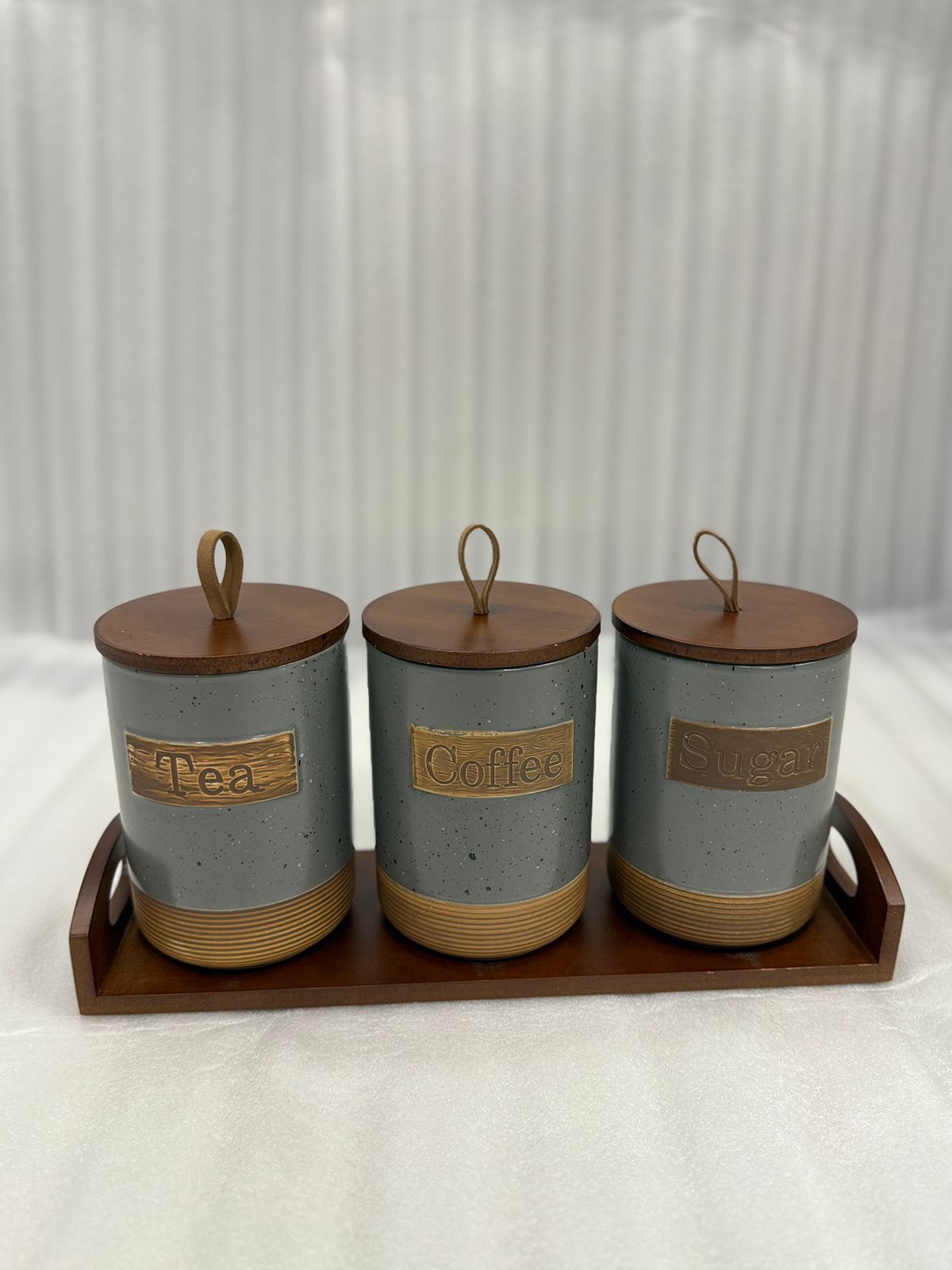 Premium Rustic 3 Pcs Ceramic Jar Set with Wooden Tray