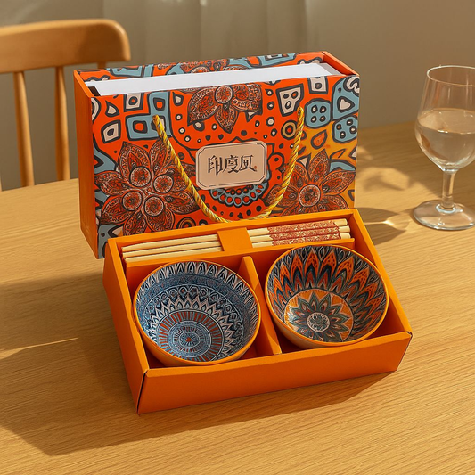 Japanese Ceramic Bowl Set of 2 with Chopsticks – Mandala Print