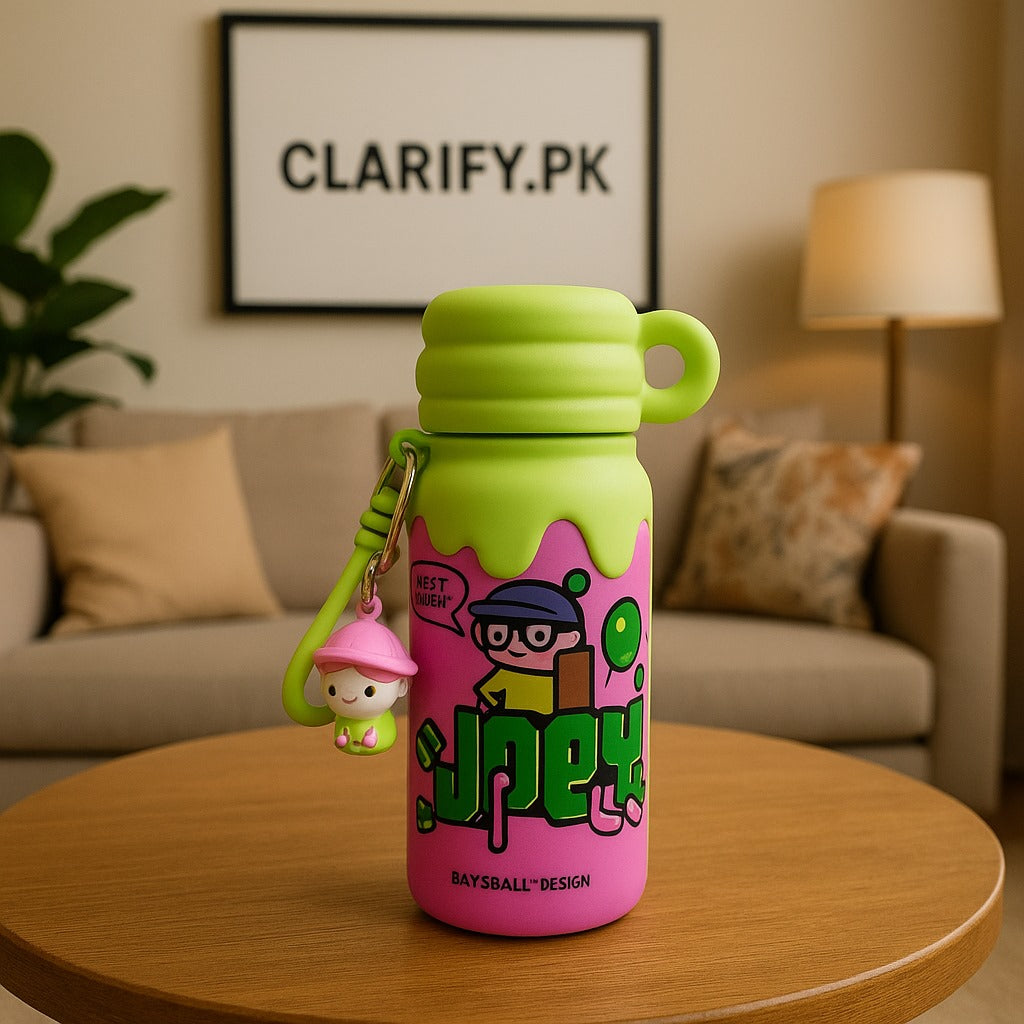 Cute Green Cartoon Water Bottle with Keychain – Portable