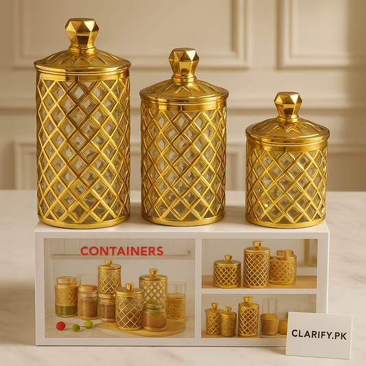 Arabian Style Glass Storage Jar – Golden Lid Food Container (3 pcs set)