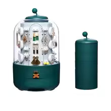 Clarify.pk 360 rotating jewelry organizer with transparent cover and dark green base for earrings and necklaces