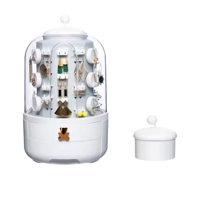 Clarify.pk 360 rotating jewelry organizer in white with multiple compartments for earrings and necklaces