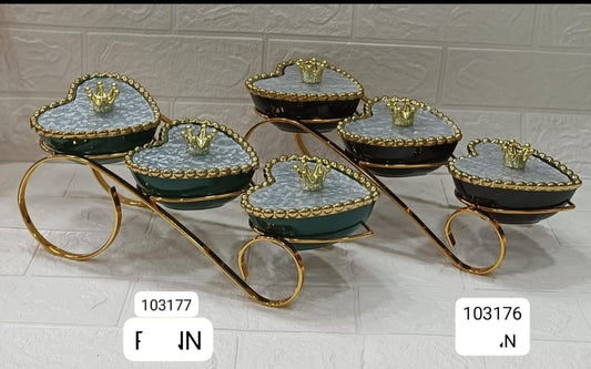 Premium Heart Ceramic Jar Set – Golden Stand with Crown Tops