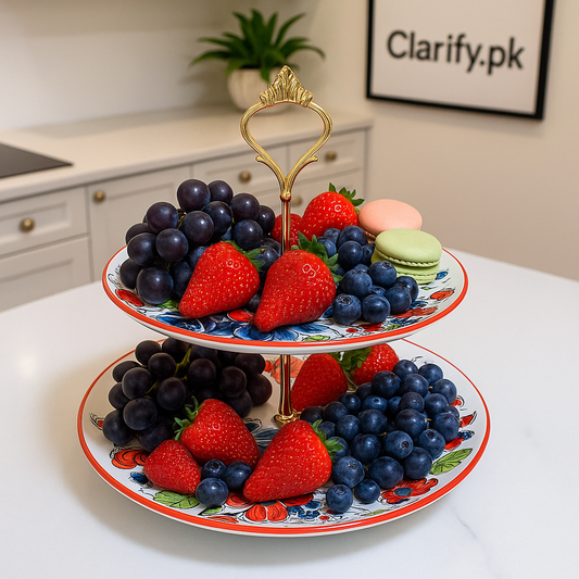 Luxury 2-Tier Ceramic Stand – Red & Blue Floral Design