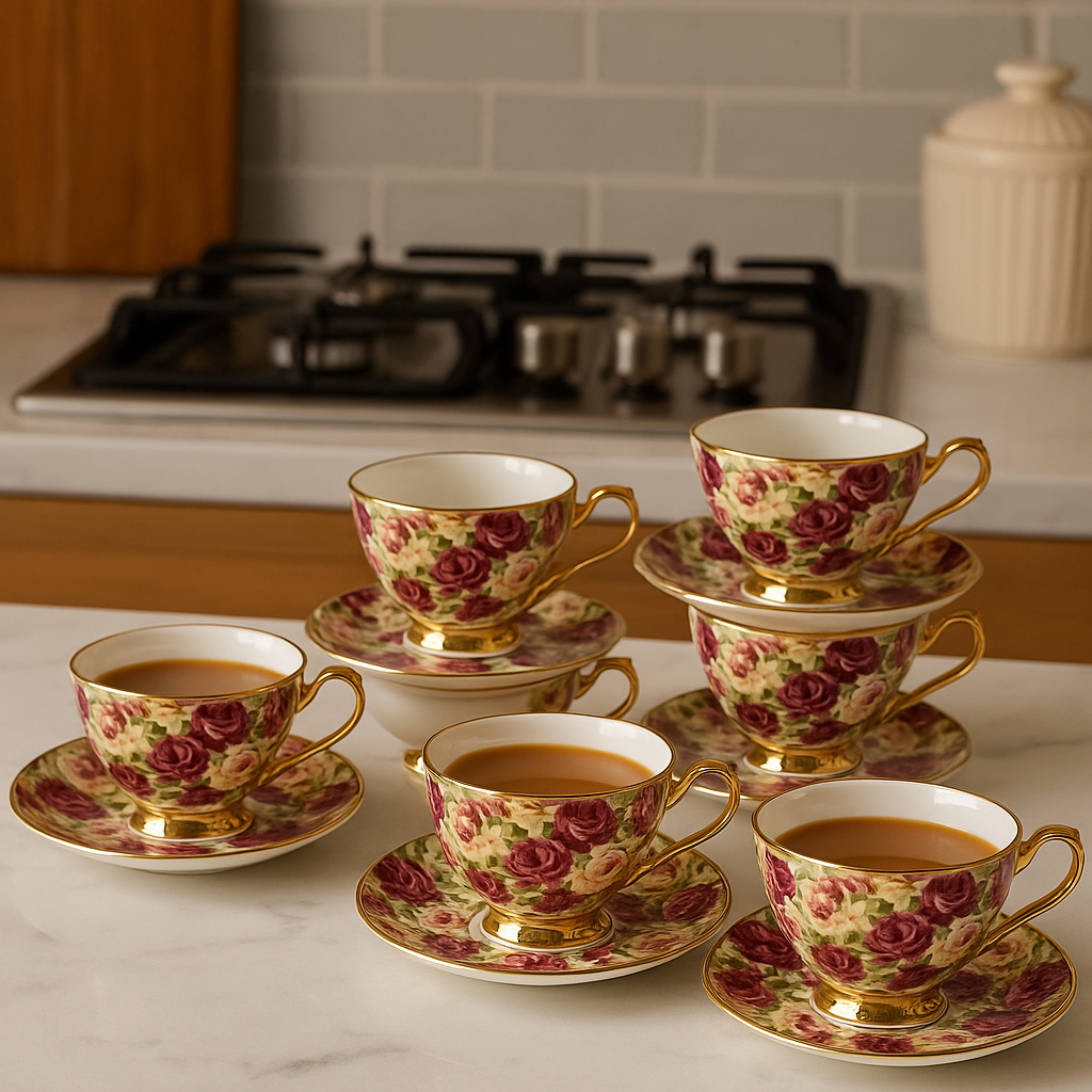 Luxury Floral 6pcs Tea Cup & Saucer Set – Grey & Gold Ceramic Edition