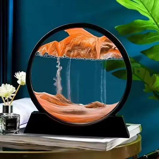 Clarify.pk 3D moving sand art with flowing orange sand in a black circular frame for home decor