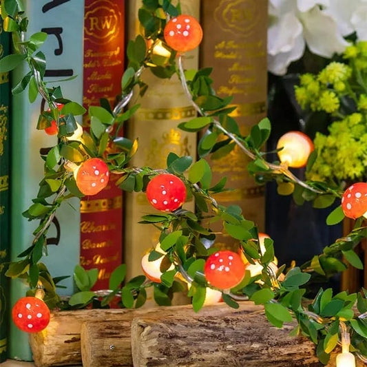 3D mushroom string lights with red mushroom covers and green leaves for decorative indoor lighting