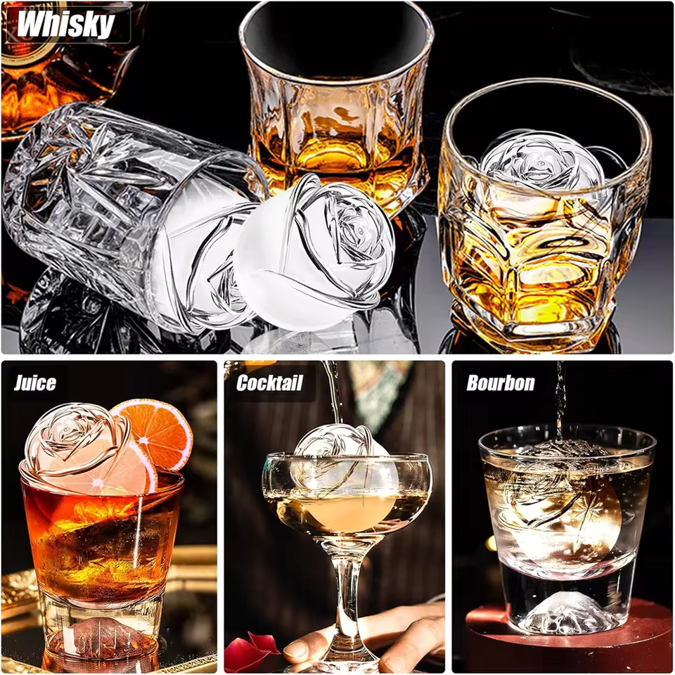 Clear whisky and cocktail glasses with 3D rose ice cube molds creating decorative ice shapes