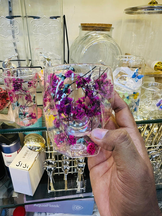 Purple & Magenta Floral Double Wall Glass Cup – Heat-Resistant Mug