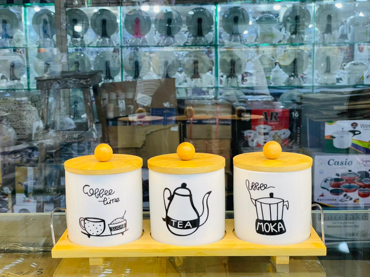 Luxury 3 Pcs Ceramic Storage Jar Set – Airtight Bamboo Lid Containers