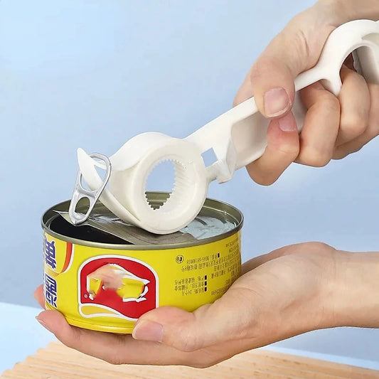 4 In 1 Beer Bottle Opener in white being used to open a can with multiple functional edges