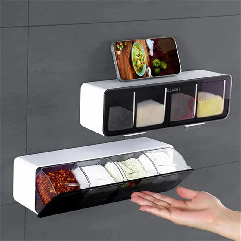 Clarify.pk 4 in 1 spice container organizer mounted on wall with multiple spice compartments