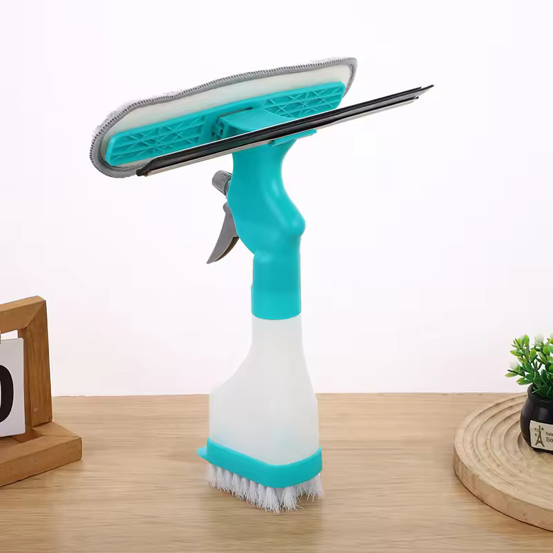 4-in-1 window glass cleaner tool with spray bottle, scrubbing brush, squeegee, and microfiber pad in teal and white
