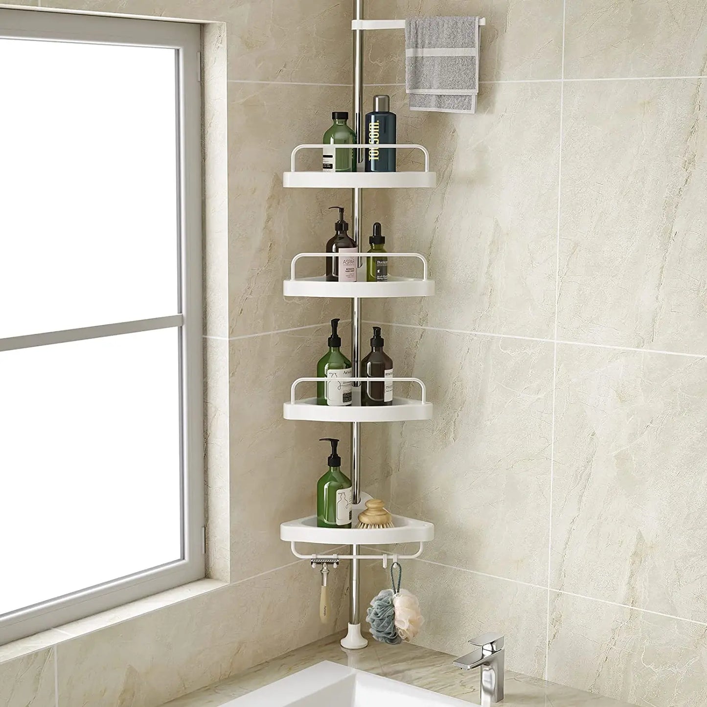 Clarify pk 4 tier bathroom storage rack in white with multiple shelves holding toiletries in a tiled bathroom