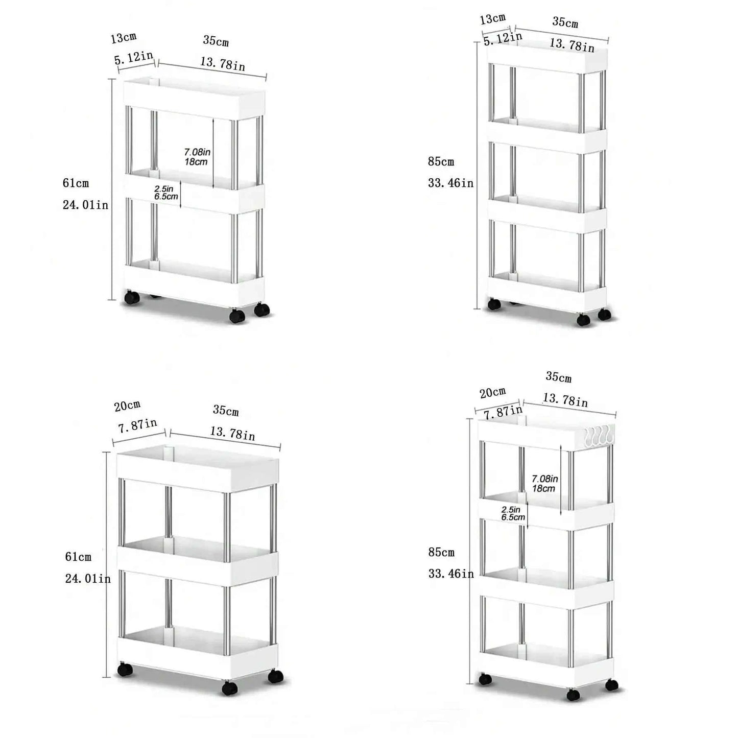 4 tier slide organizer shelf in white with rolling wheels and adjustable heights for easy storage